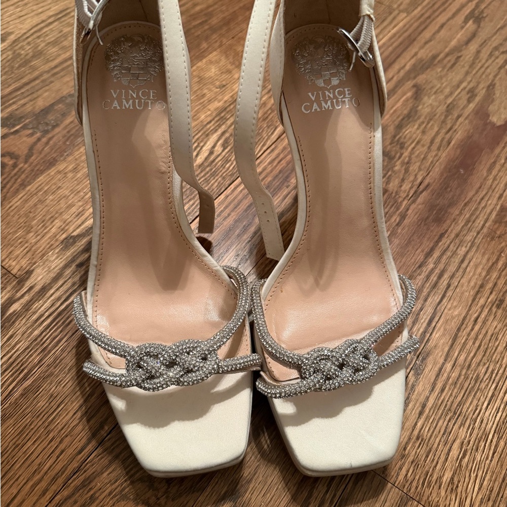 Vince Camuto Ivory Knot-Embellished Open-Toe Heels